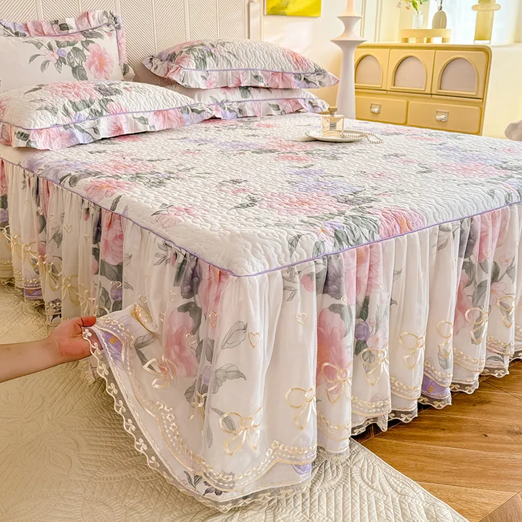 加厚夹棉防滑韩版床裙蕾丝床罩花边席梦思保护罩床垫罩四季公主风