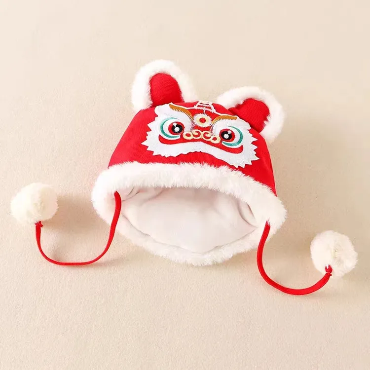 婴儿冬装帽子红色喜庆套头护耳保暖加绒虎头帽新生儿秋冬虎头鞋子