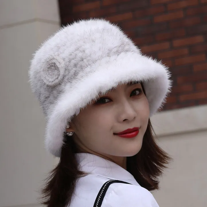 水貂皮草帽子编织礼帽女时尚韩版帽子冬季保暖护耳貂毛帽子女盆帽