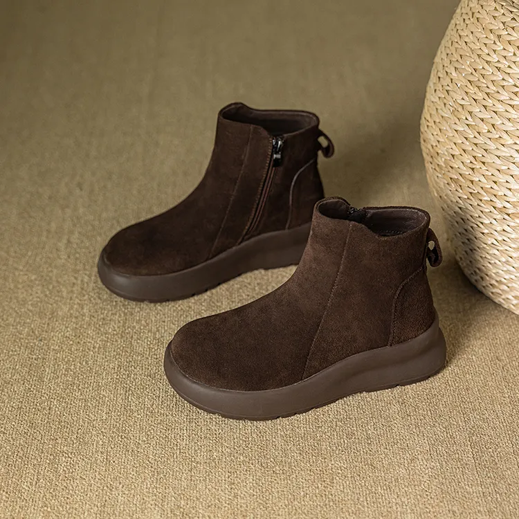 勃肯鞋秋冬新款真皮加绒保暖厚底防滑侧拉链大码女鞋高帮百搭