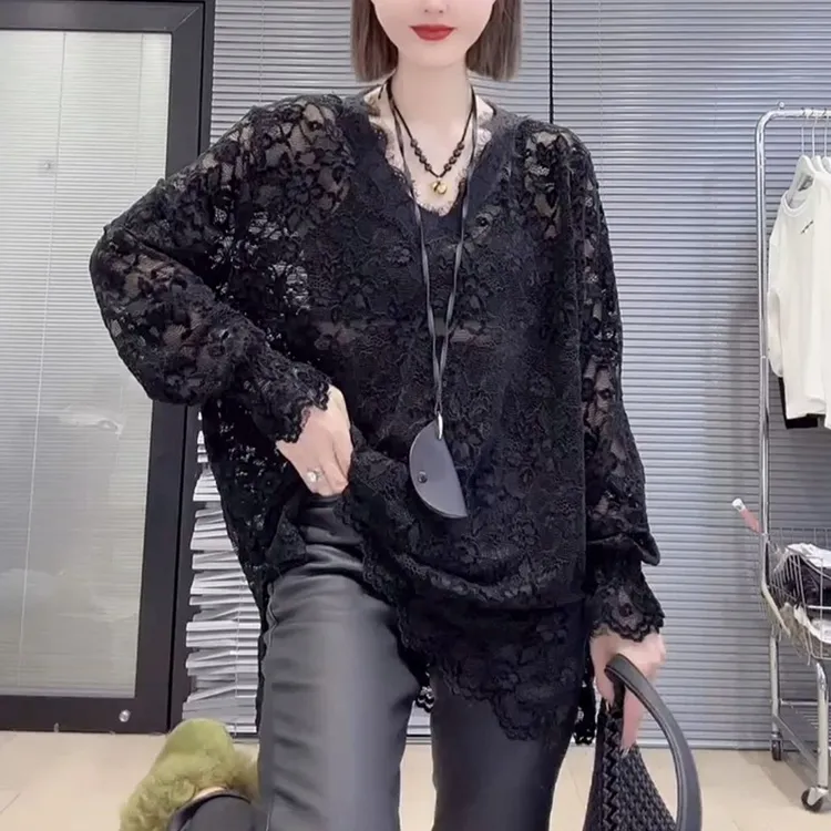 欧货2025秋冬新款洋气百搭V领长袖花边蕾丝衫网衫宽松打底衫上衣