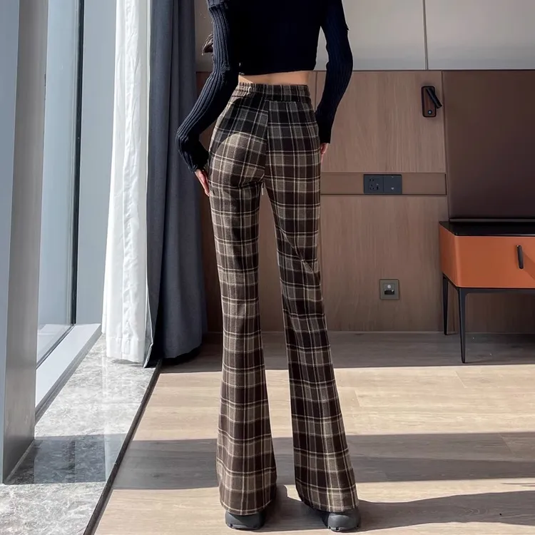 高腰复古微喇裤子女春秋季2024年新款格子裤修身显瘦阔腿裤喇叭裤