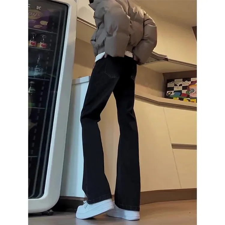 美式高街vibe纯黑色微喇叭牛仔裤男秋季潮牌提裆高腰修身直筒裤子