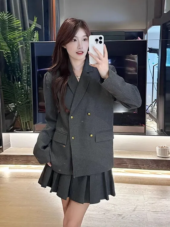 初早春季穿搭配西装外套2024新款小个子学院显瘦宽松休闲西装裙子