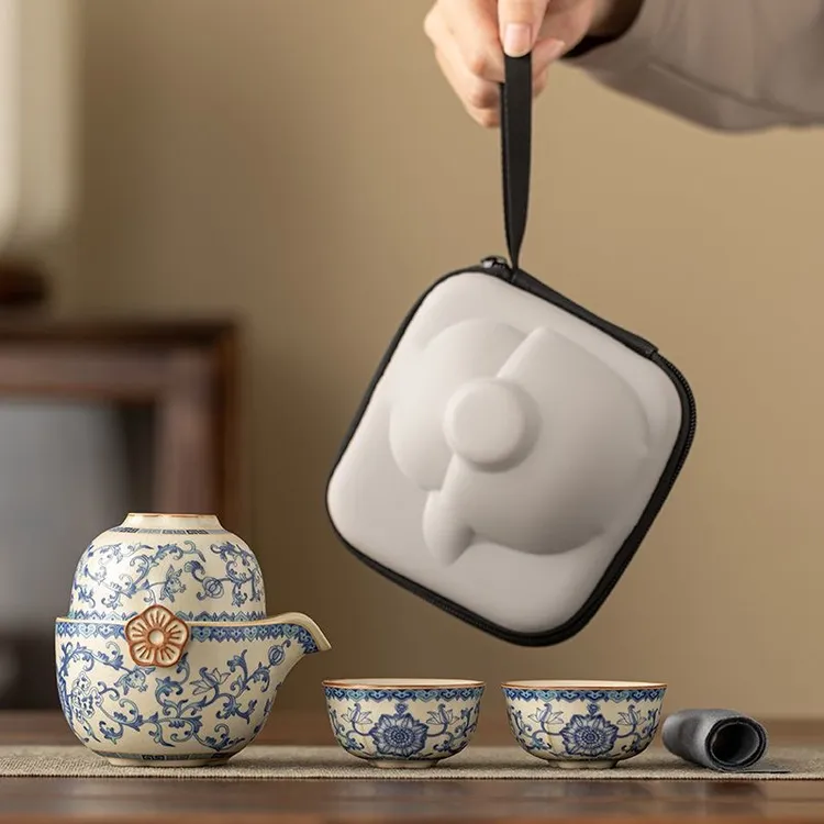 国潮青花汝窑便携式旅行茶具套装户外手抓壶茶杯青花瓷露营快客杯