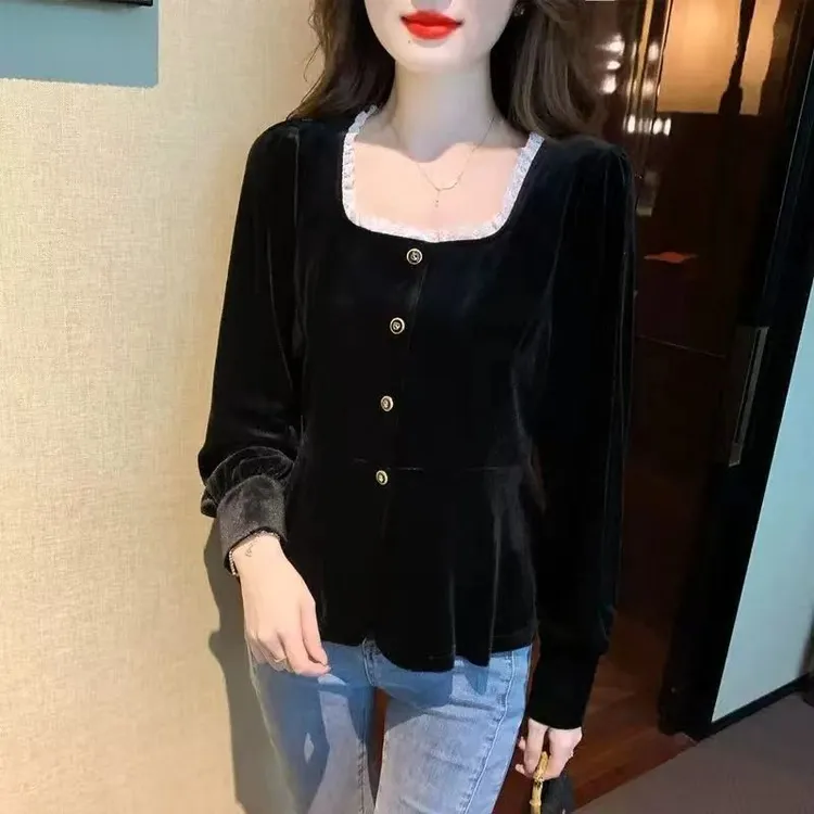 大码女装秋季新款显瘦法式高级感衬衫胖mm金丝绒收腰遮肚长袖上衣