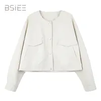 BSIEE/本涩领口袋皮衣女气质通勤时尚春季热销新品短款舒适上衣