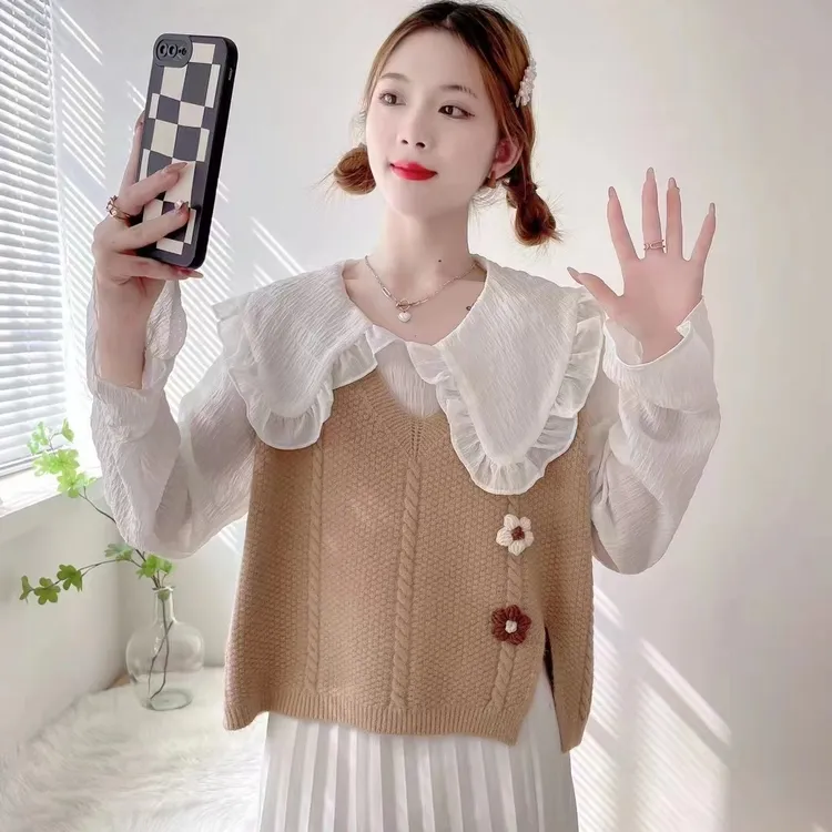 小马甲女生春v领时髦洋气矮个子女装针织背心毛衣新款马夹小个子