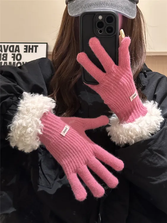毛毛边手套女冬季2025新款韩版加厚保暖毛线针织分指手套可触屏潮