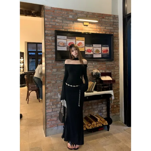 辣妹性感纯欲露肩连衣裙女秋冬长款收腰显瘦气质御姐轻熟风鱼尾裙