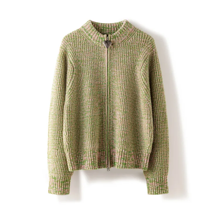 秋冬新款女士100%纯山羊绒花式纱半高领加厚拉链开衫外套休闲百搭