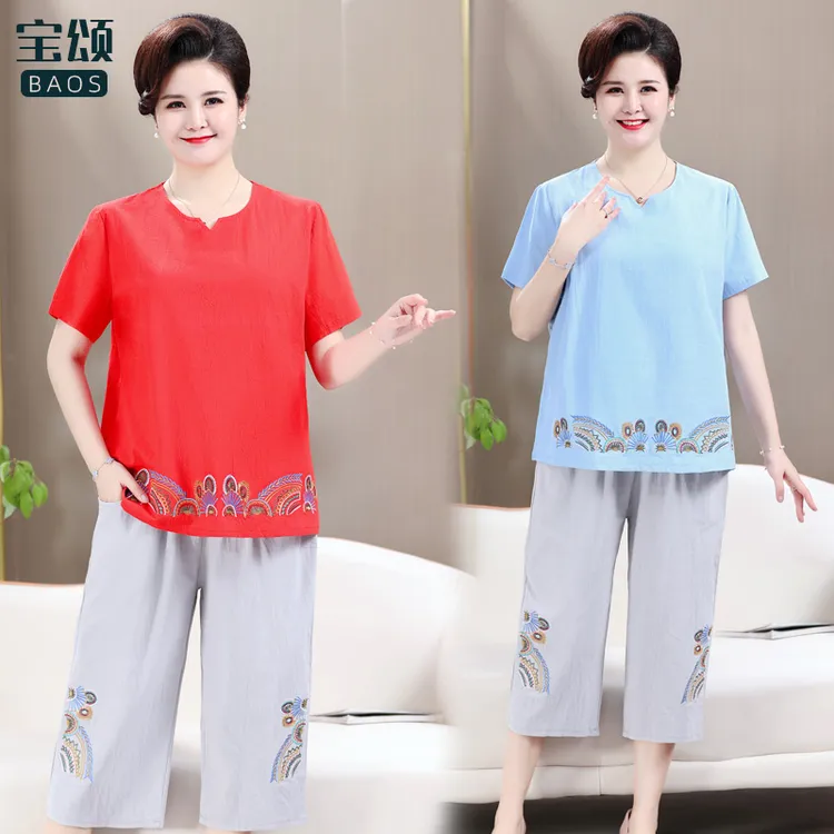 加肥加大码中老年女装夏季复古两件套薄款九分裤绣花套装短袖上衣