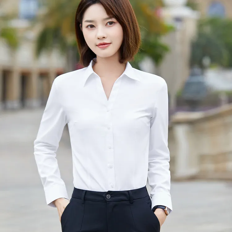 V领白色衬衫女商务正装上衣春秋长袖职业装工作服打底衫工装衬衣