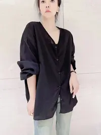 N2677【薇语莎】新款时尚百搭休闲V领棉麻衬衣