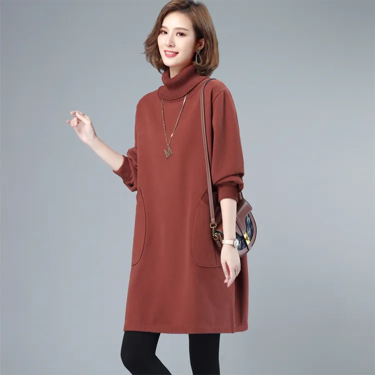 高领纯棉卫衣裙女秋冬2025新款妈妈宽松遮屁股加绒加厚打底连衣裙