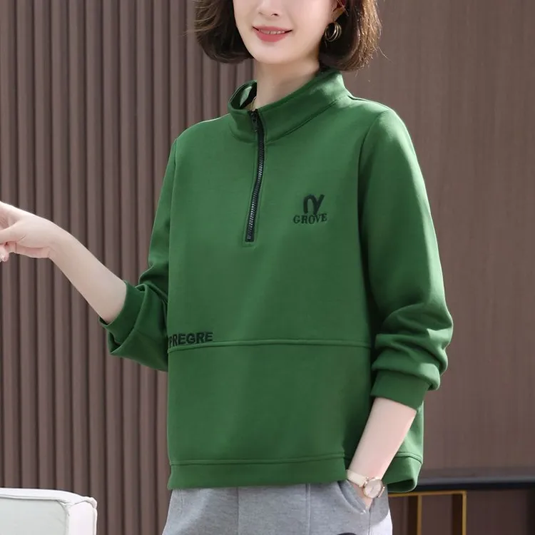 女士卫衣2025新款春秋季中年妈妈宽松短款半开衫拉链无帽套头上衣