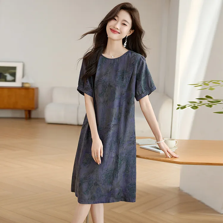 天丝国风连衣裙女夏季2025新款中年妈妈大码遮肚气质薄款牛仔裙子