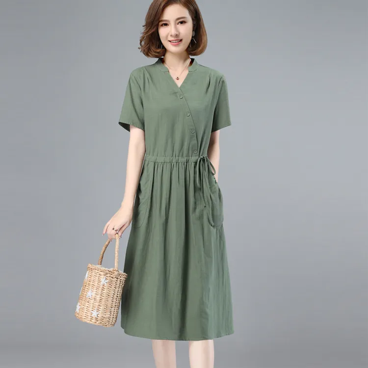 纯棉连衣裙女夏季薄款中年妈妈宽松收腰显瘦休闲v领短袖中长裙子