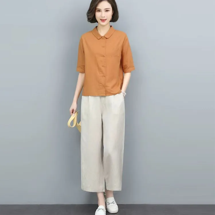 棉麻休闲时尚套装女2025夏季新款短袖宽松薄款今年流行亚麻两件套