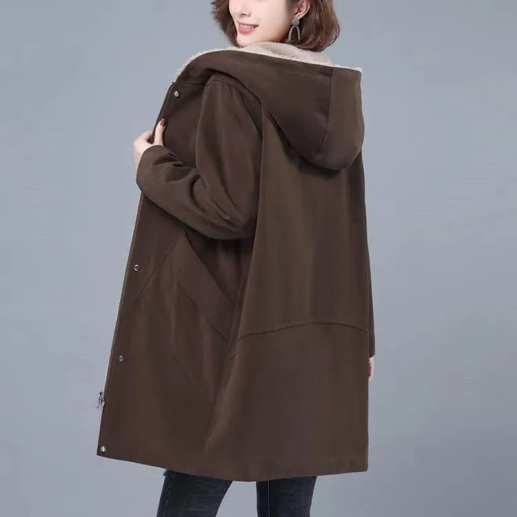 加绒派克服女士2025秋冬新款中长款棉衣加厚中年妈妈棉服宽松外套