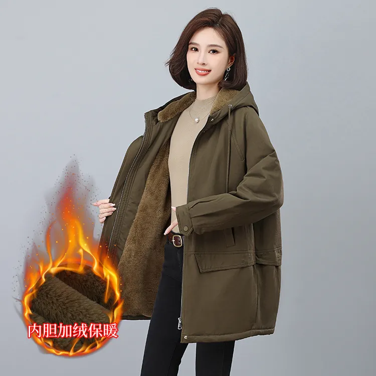 派克服女士冬季2025爆款连帽妈妈大码纯棉外套加绒加厚棉服中长款