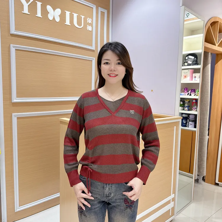 时尚百搭针织衫5-3328秋新款V领假两件条纹弹力/长57厘米