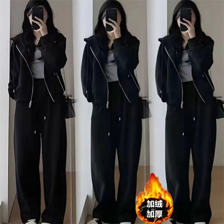 微胖mm大码女装休闲套装女士秋冬款宽松遮肉加绒加厚运动服两件套