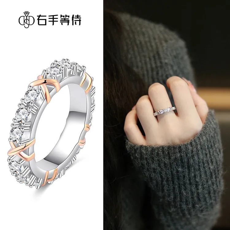 右手等待 925银莫桑石戒指 遇见精致闭口镶钻满钻排戒指环女款