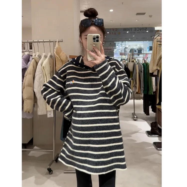 加厚双面绒条纹连帽衫~孕妇休闲长袖慵懒风显瘦打底衫加厚连衣裙