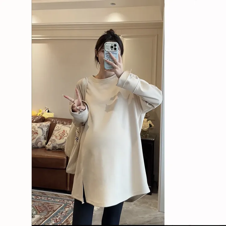 春秋衬衫袖时尚侧开叉宽松孕妇卫衣慵懒风显瘦圆领中长款打底衫
