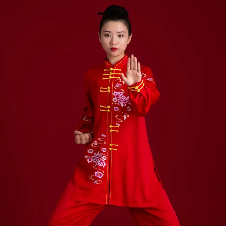 御尊高端定制款花开云上冬季太极服中式长款飘逸加厚红色绣花立领