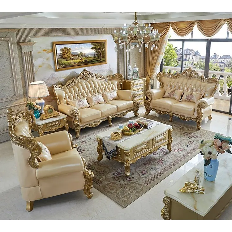 欧式真皮沙发实木双面雕花客厅123组合头层牛皮高档别墅整套家具