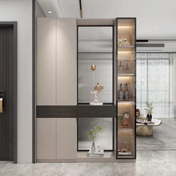 家用入户玄关柜现代简约客厅隔断柜定制实木玻璃屏风柜极简风鞋柜