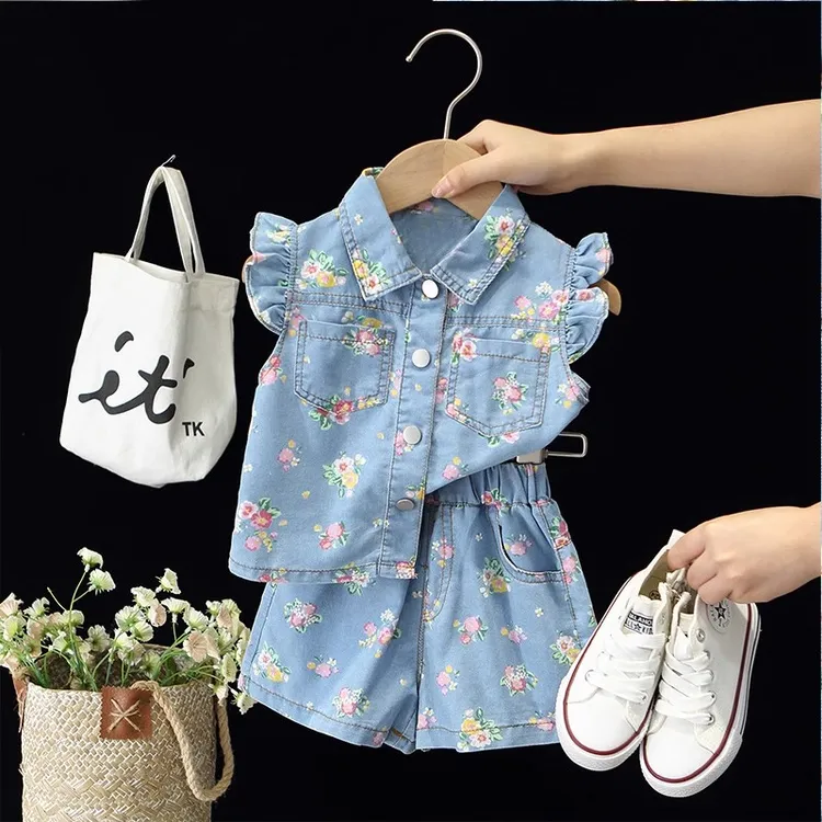 女童仿牛仔套装2024新款夏装儿童洋气时髦宝宝短袖两件套小童装潮