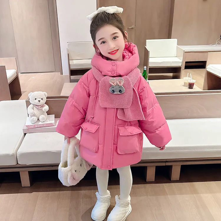 女童抽绳羽绒服冬季2024新款儿童洋气白鸭绒中长款女宝宝冬装外套