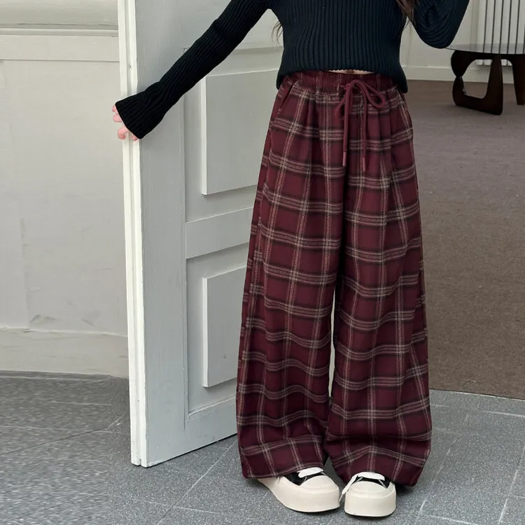 女童裤子春秋装2024新款儿童洋气格子裤大童宽松休闲直筒阔腿长裤
