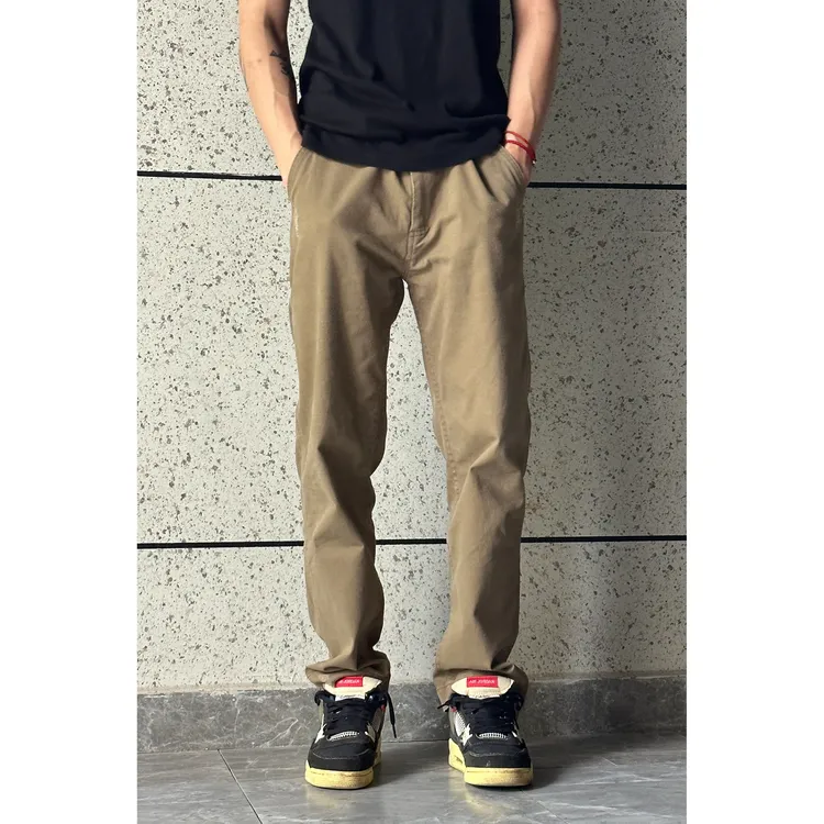 LIMOU美式复古磨破cleanfit直筒微锥黑色卡其绿色工装裤子长裤男