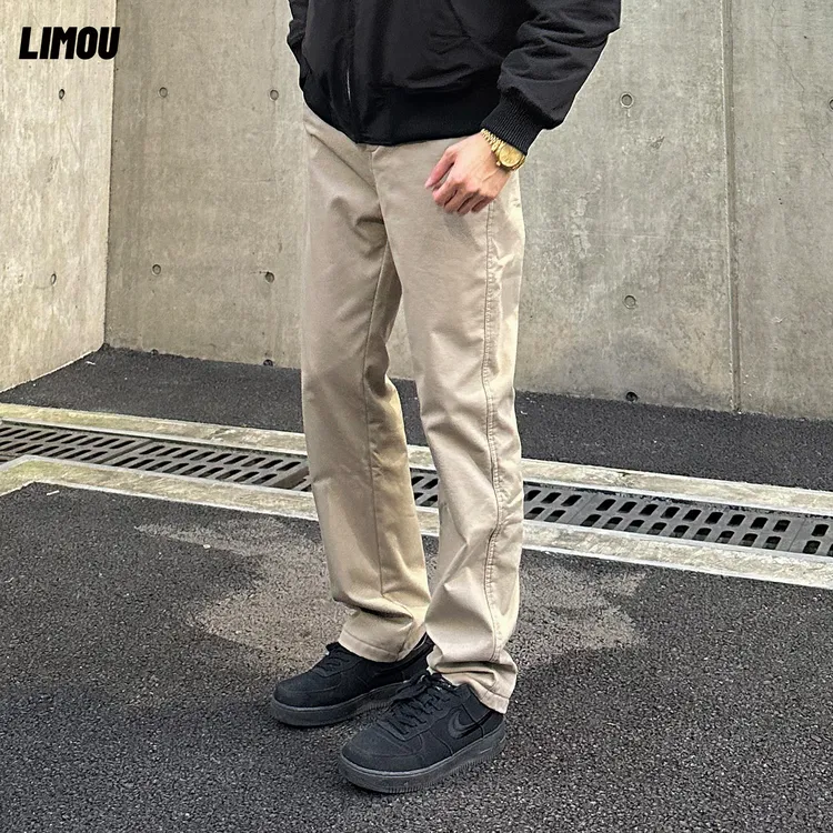 LIMOU冬季加绒加厚保暖美式cleanfit直筒微锥卡其工装裤子长裤男