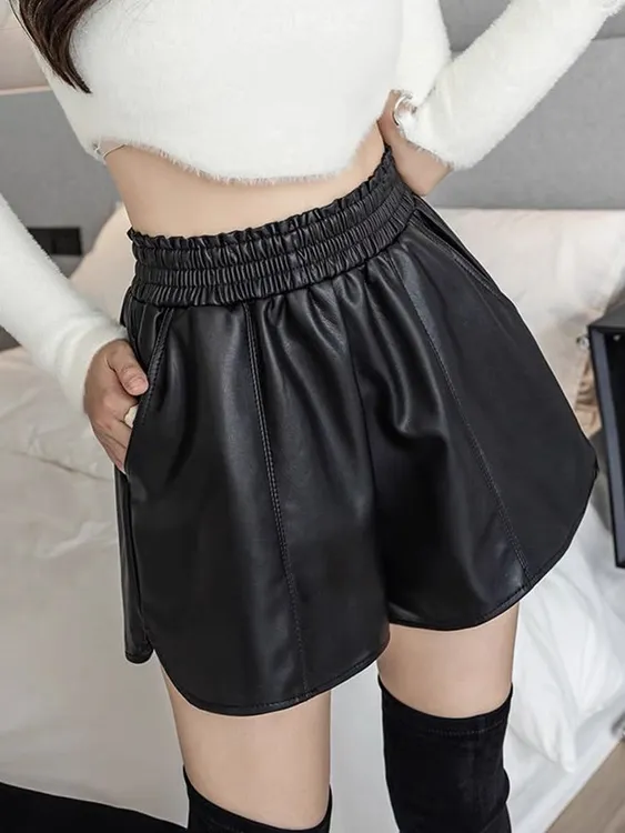 休闲短裤女秋冬外穿松紧腰高腰显瘦a字阔腿皮裤小个子打底靴裤