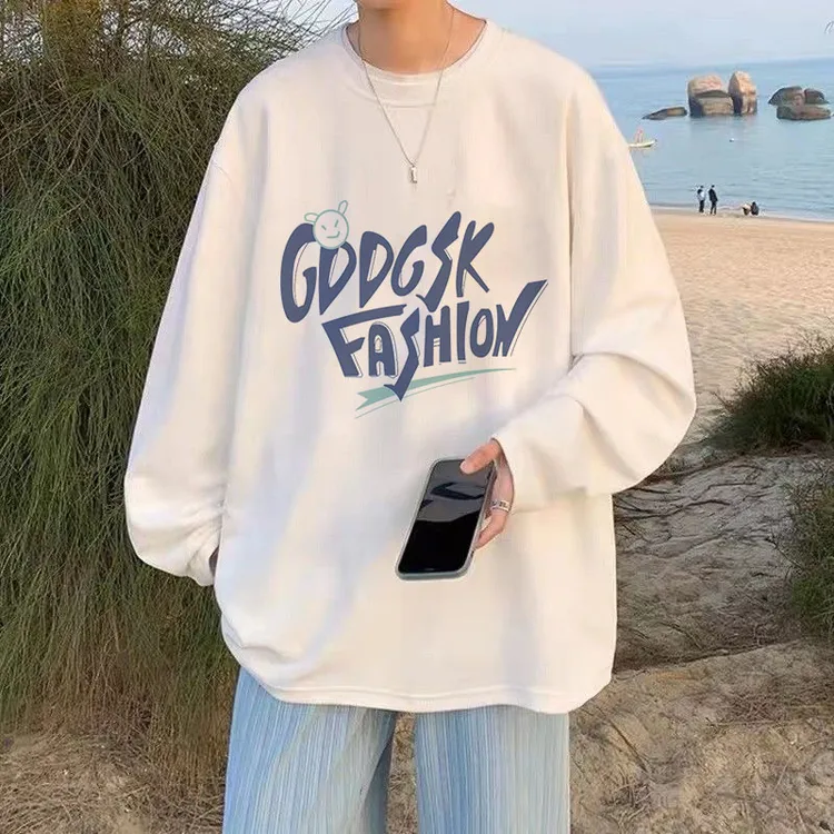 港风潮流ins文艺男春秋季新款学生休闲百搭印花韩版宽松圆领T恤衫