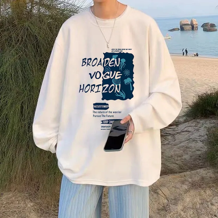 港风长袖t恤男薄款春秋季潮牌白色圆领百搭宽松韩版ins印花体恤衫