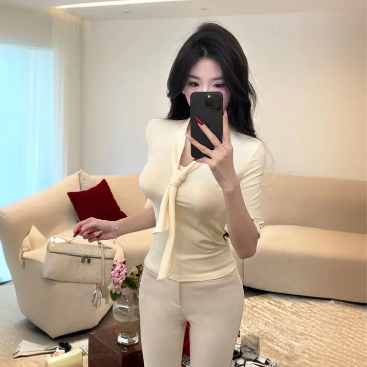 春夏季新款法式系带收腰显瘦气质小众轻熟上衣女时尚百搭