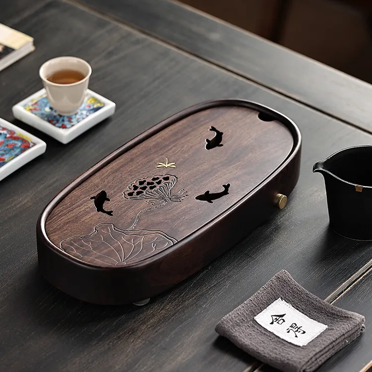 家用黑檀实木茶盘小号功夫茶具办公室小型储水茶台现代简约干泡台