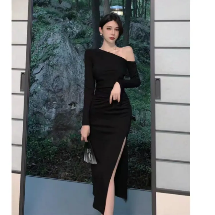 晚礼服轻奢小众年会高端赫本风气质名媛修身黑色开叉长袖连衣裙女