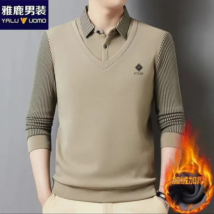 雅鹿男装冬季男士加绒加厚长袖T恤商务运动假两件翻领休闲上衣男