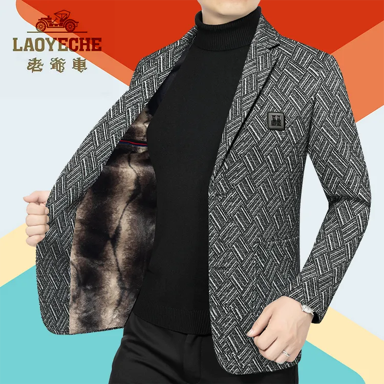 老爷车高档冬季新款男士西服外套韩版休闲时尚加绒加厚保暖冬装潮