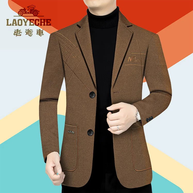 老爷车春秋季新款男士西服外套商务休闲时尚西装领上衣爸爸男装春