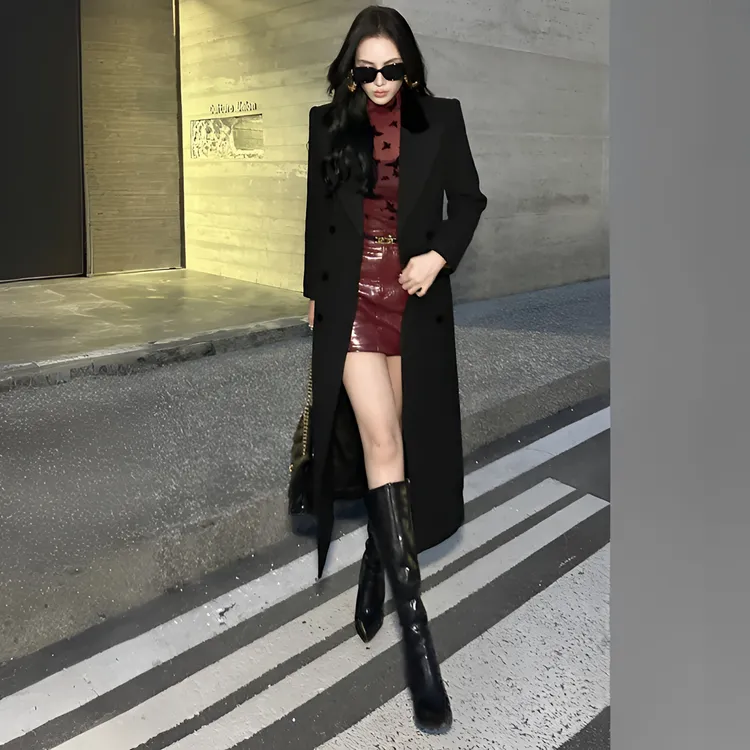 ZDF【ZDF】高端时尚轻奢长款呢子大衣女款过膝爆款风衣双排扣设计感