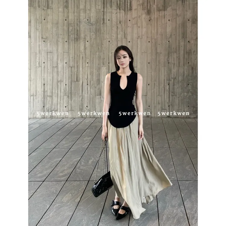 5werkwen rattan半身裙女夏季简约慵懒休闲宽松褶皱高腰遮胯长裙