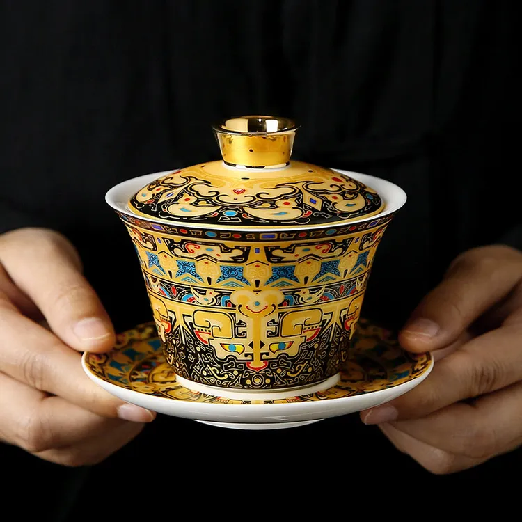 唐卡可悬停旋转三才羊脂玉描金茶碗功夫茶具家用手抓泡茶盖碗